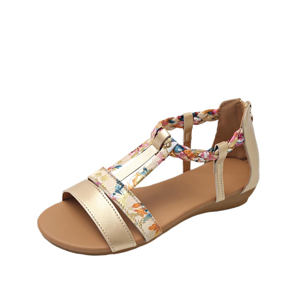 Fashion 2025 European and American Large-sized Thick-soled Sandal for Women, One-line Color Bohemian-style Woven Wedge Heel Beach Shoes