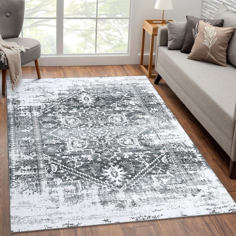 Vintage Blue White Distressed Floral Mat Non-Slip Rubber Backing, for Living Room, Bedroom, Kitchen, Entryway, Bedroom Decorat