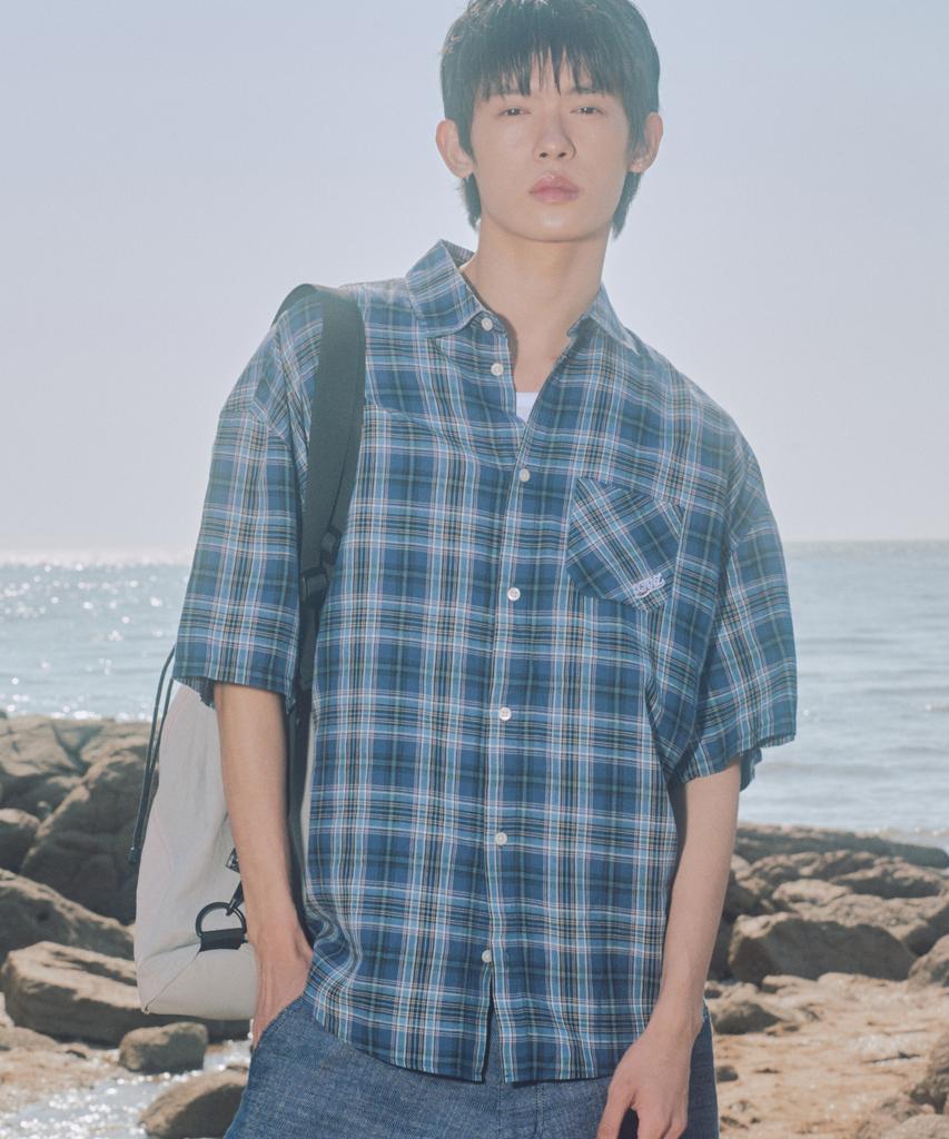 XTONZ Xts039 One Pocket Check Half Shirt (Blue)