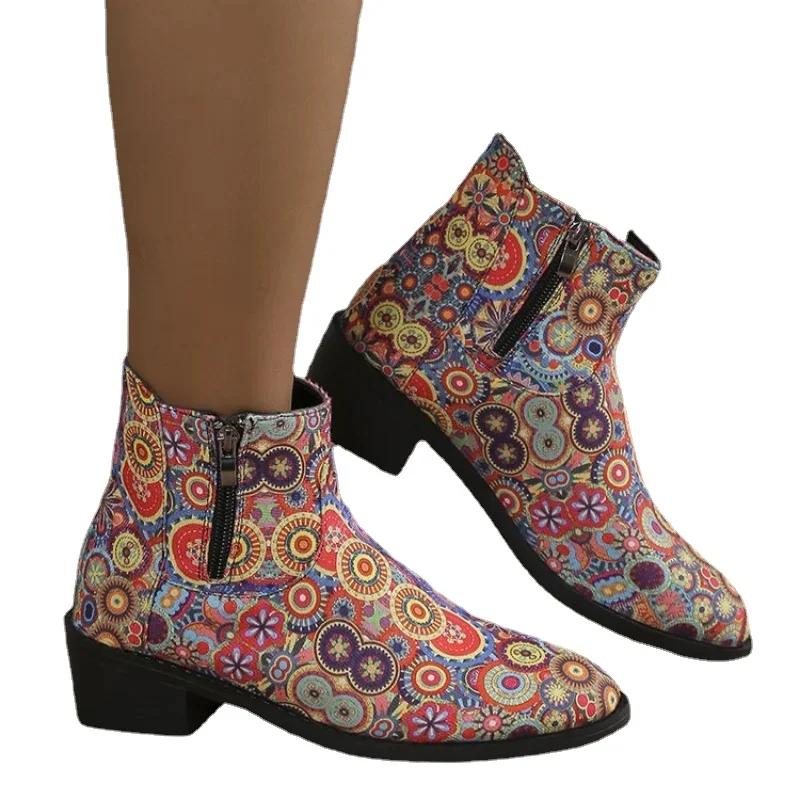Женские винтажные ковбойские сапоги с принтом, осень-зима, новые ботильоны из искусственной кожи, женские ботильоны на толстом каблуке Chelsea Botines Mujer 202