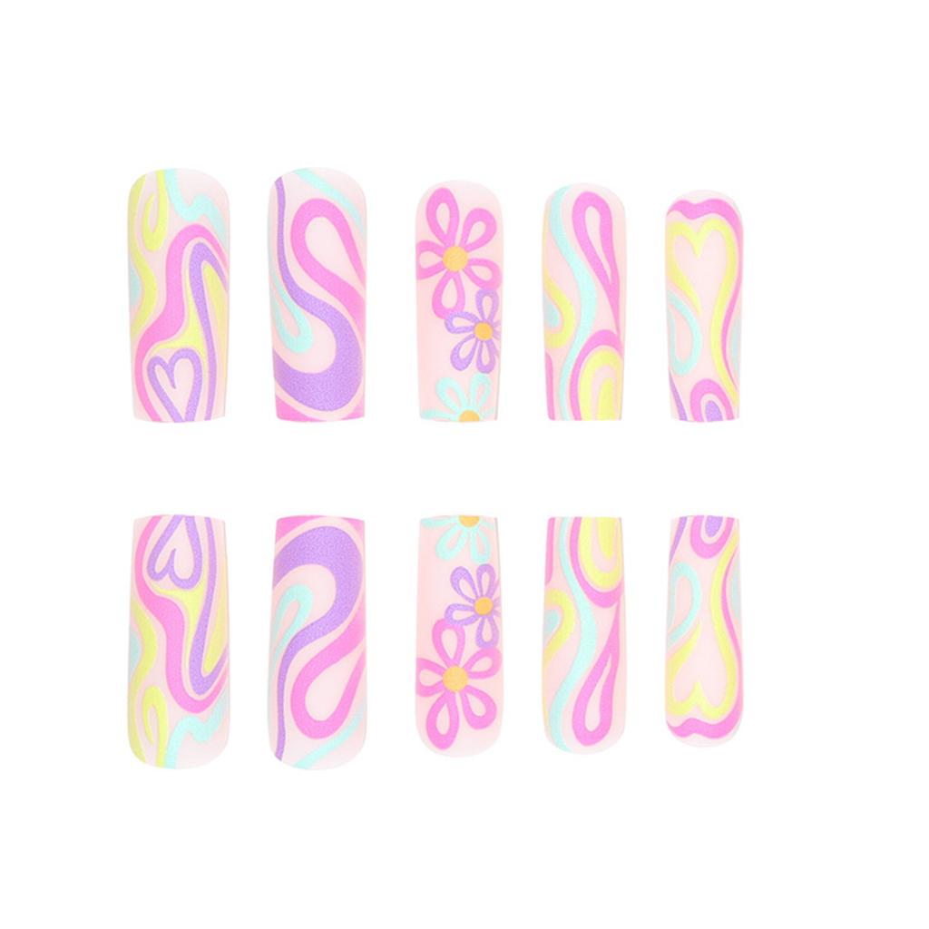 Nude Long Fake Nails with Flower Graffiti Chip-Proof Smudge-Proof Fake Nails for Daily and Parties Wearing