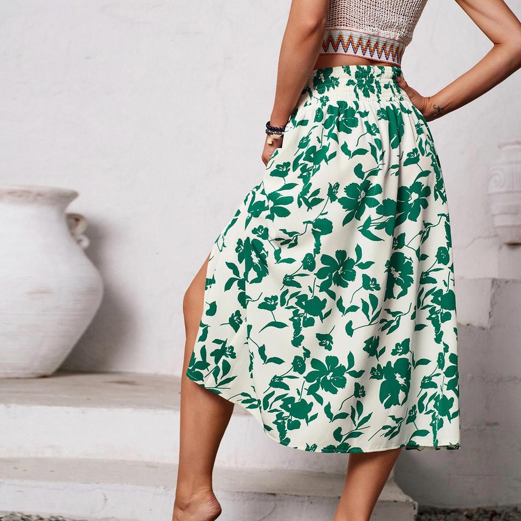 Женская весенняя юбка с цветочным принтом, летняя повседневная юбка А-силуэта с высокой талией и разрезами средней длины S-XL