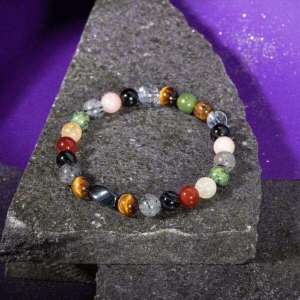 Браслет Близнецы Солнечный камень, тигровый глаз, красный агат, кристаллический кварц, рутиловый кварц, цитрин, нефрит