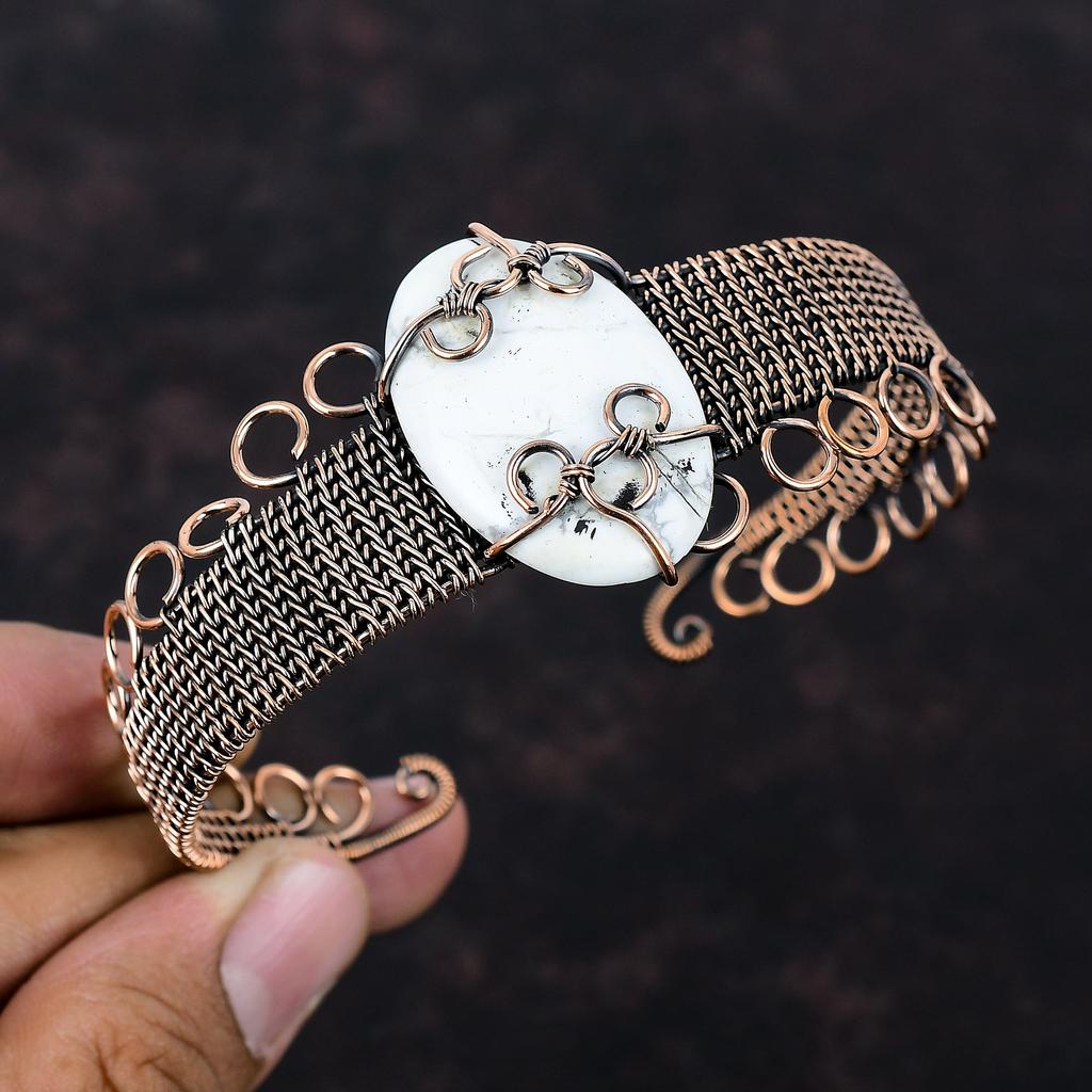 Howlite Cuff Bracelet Copper Wire Wrapped Bangle Gemstone Jewelry Adjustable Cuff Bracelet Copper Wire Jewelry Handmade Bangle Gift For Wife