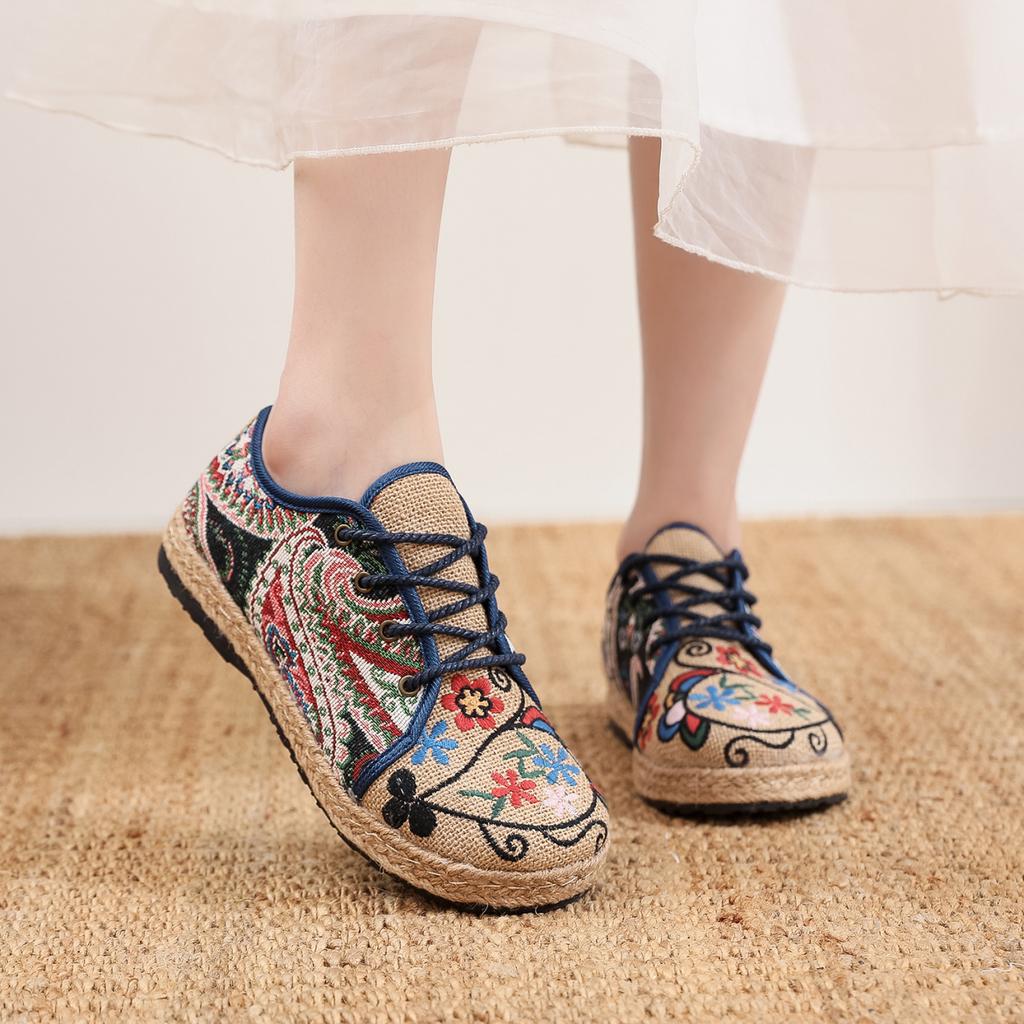 Женские туфли с круглым носком из хлопка и льна, парусиновые туфли с круглым носком и шнуровкой, женские туфли на плоской подошве, размер 35-40
