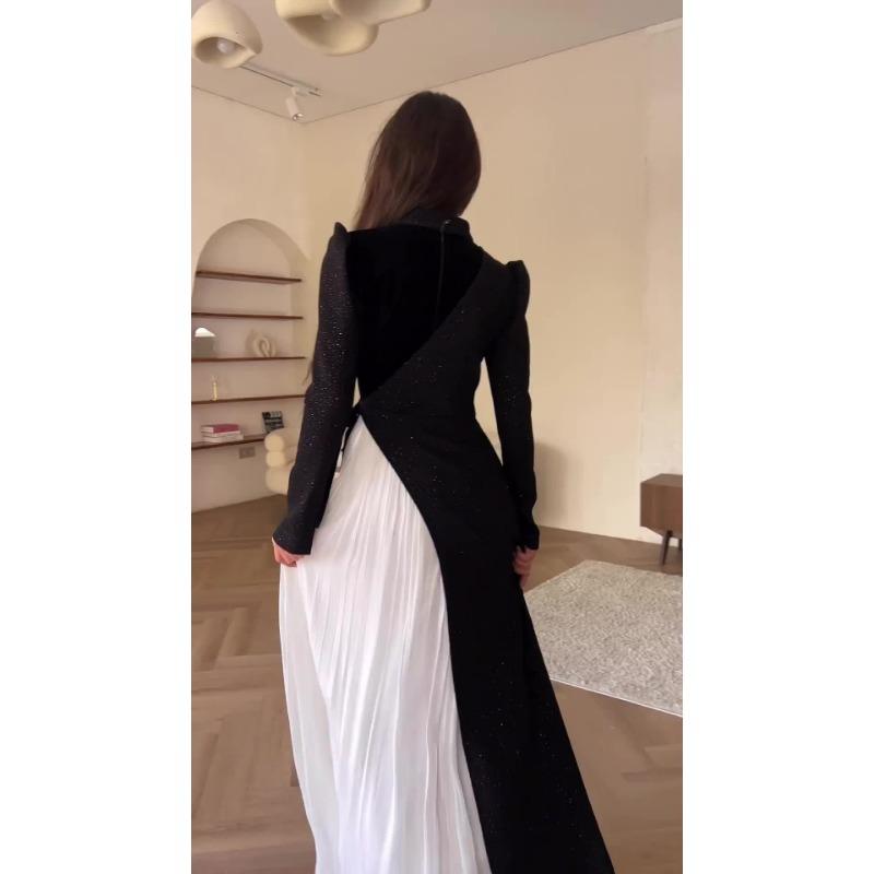 Women's Long Sleeve Patchwork Pleated Two-Piece Dresses