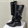 Острый носок грубые женские высокие сапоги на среднем каблуке кожаные модные сексуальные зимние туфли 2025 трендовые готические туфли-лодочки до колена Botas De Mujer
