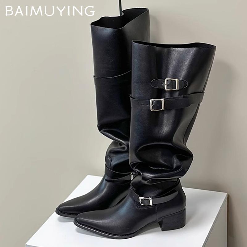 Острый носок грубые женские высокие сапоги на среднем каблуке кожаные модные сексуальные зимние туфли 2025 трендовые готические туфли-лодочки до колена Botas De Mujer