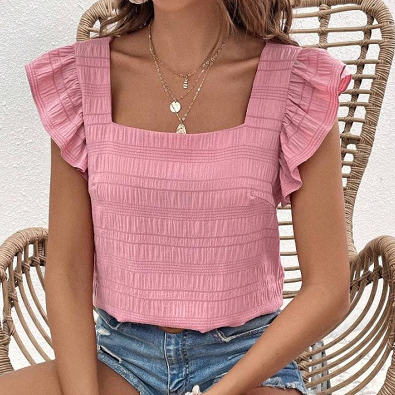 Женская летняя футболка с квадратным воротником и оборками, однотонный пуловер, топ
