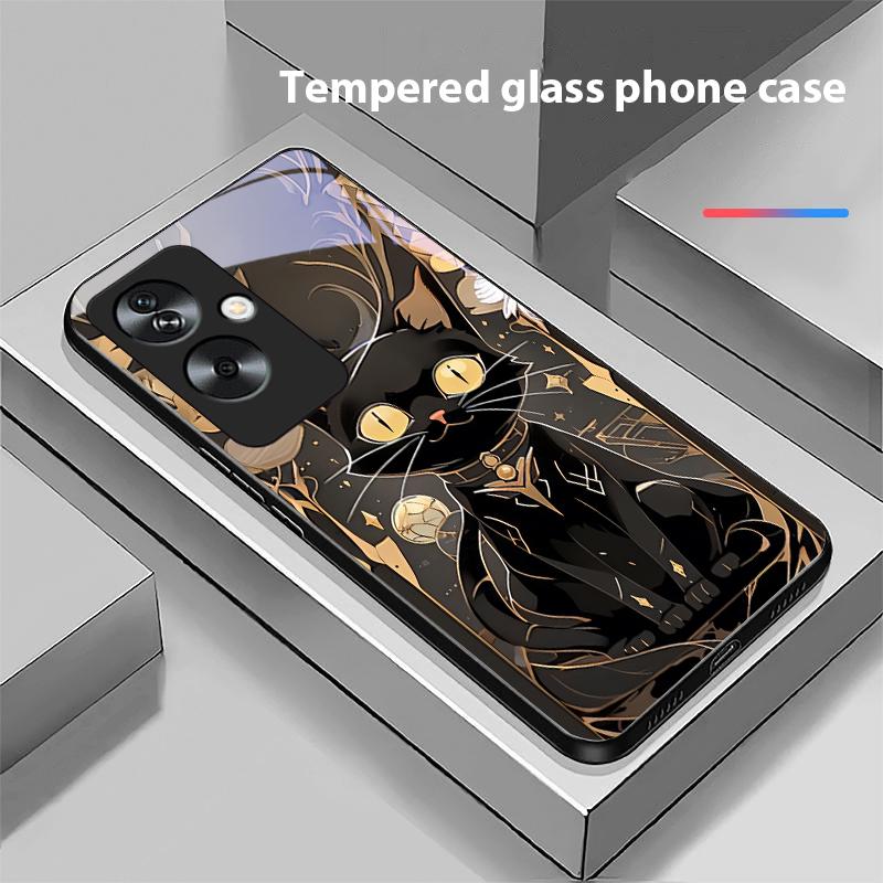 Черный Золотой Кот Для Oppo A79 5G 58 78 74 60 4G Reno 11F Realme GT 6 11 Note 50 10 C55 X2 Закаленное Стекло Черный Чехол для Телефона