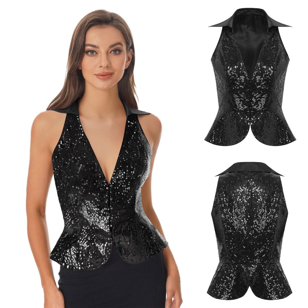 Women's Sequin Embellished Party Vest S-3XL, Lapel Sleeveless Sparkly Top for Night Out, Summer Banquet & Themed Party Wear