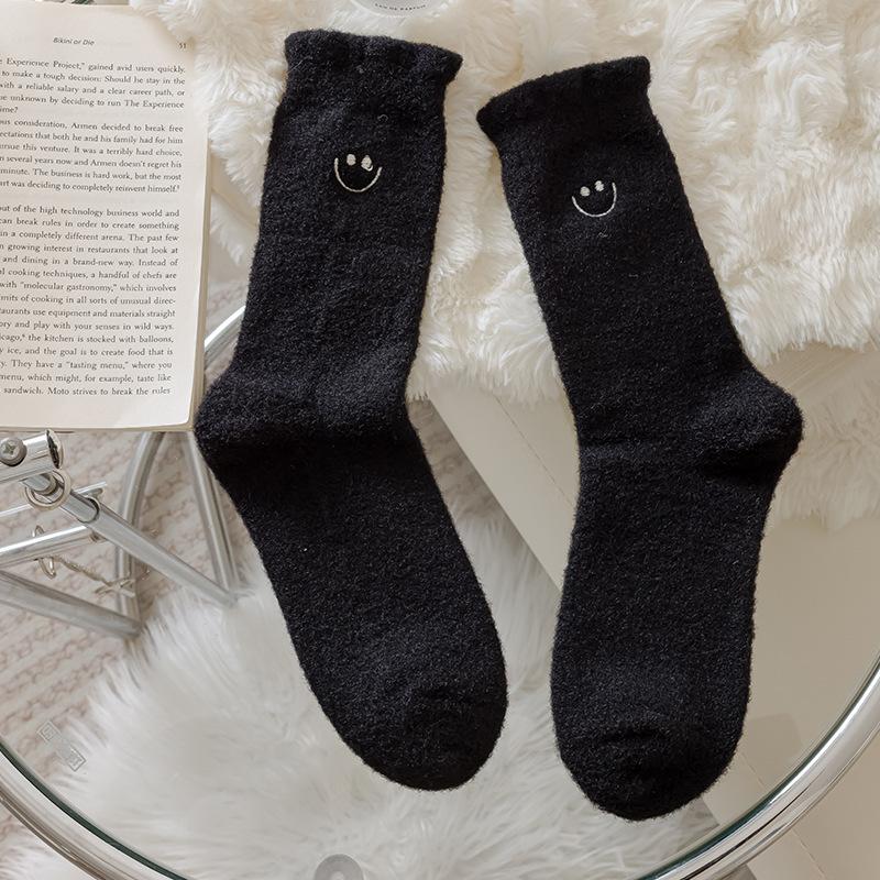 Женские осенне-зимние плюшевые и толстые теплые носки-трубы Yuezi с вышивкой в виде улыбающегося лица