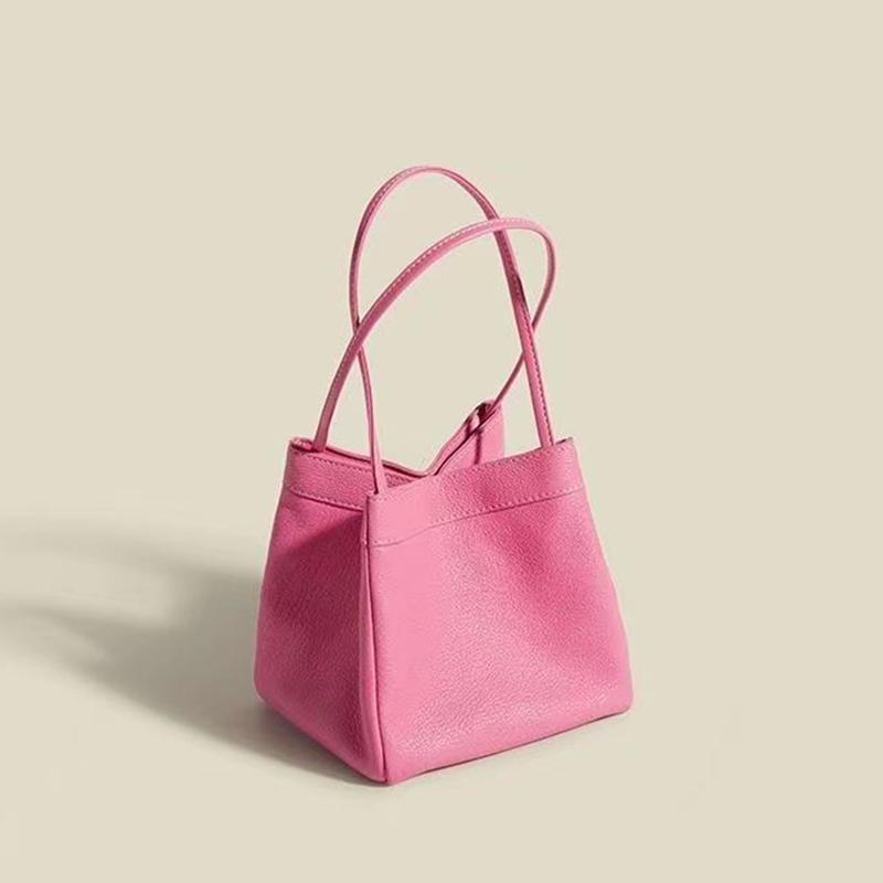 Women Solid Color Small Top Handle Bucket Handbag Vintage PU Leather All-match Chic Tote Bag KTY