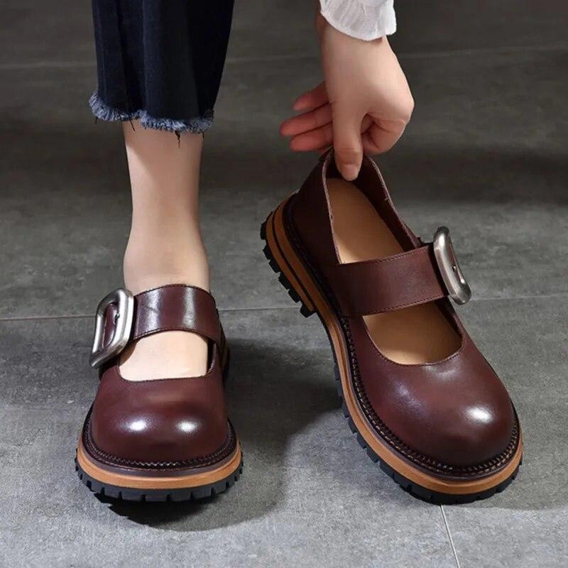 Johnature Модные универсальные туфли Мэри Джейн с металлической пряжкой и круглым носком на толстой подошве, женская обувь из натуральной кожи