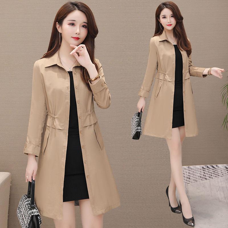 Spring and Autumn Windbreaker Mid-length Double Style Solid Color Slim-fitting Waist Large Size Slimming All-match Jacket Women