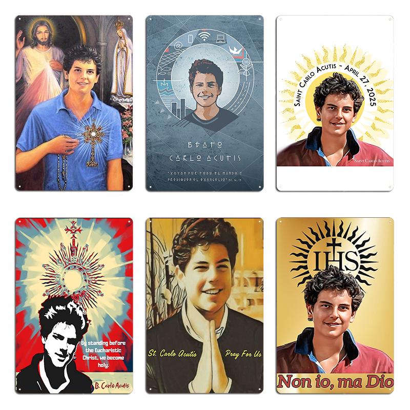Святой Карло Акутис 27 апреля 2025 года Блаженный Карло Акутис Иллюстрация Блаженный Карло Металлическое настенное панно Забавный дизайн Жестяная табличка Постер