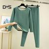 2 Pcs/Set Winter Top Pants Set Thick Plush Round Neck Long Sleeve Elastic Waist Warm Soft Cold Proof Homewear Pajamas Set Thermal Underwear Set