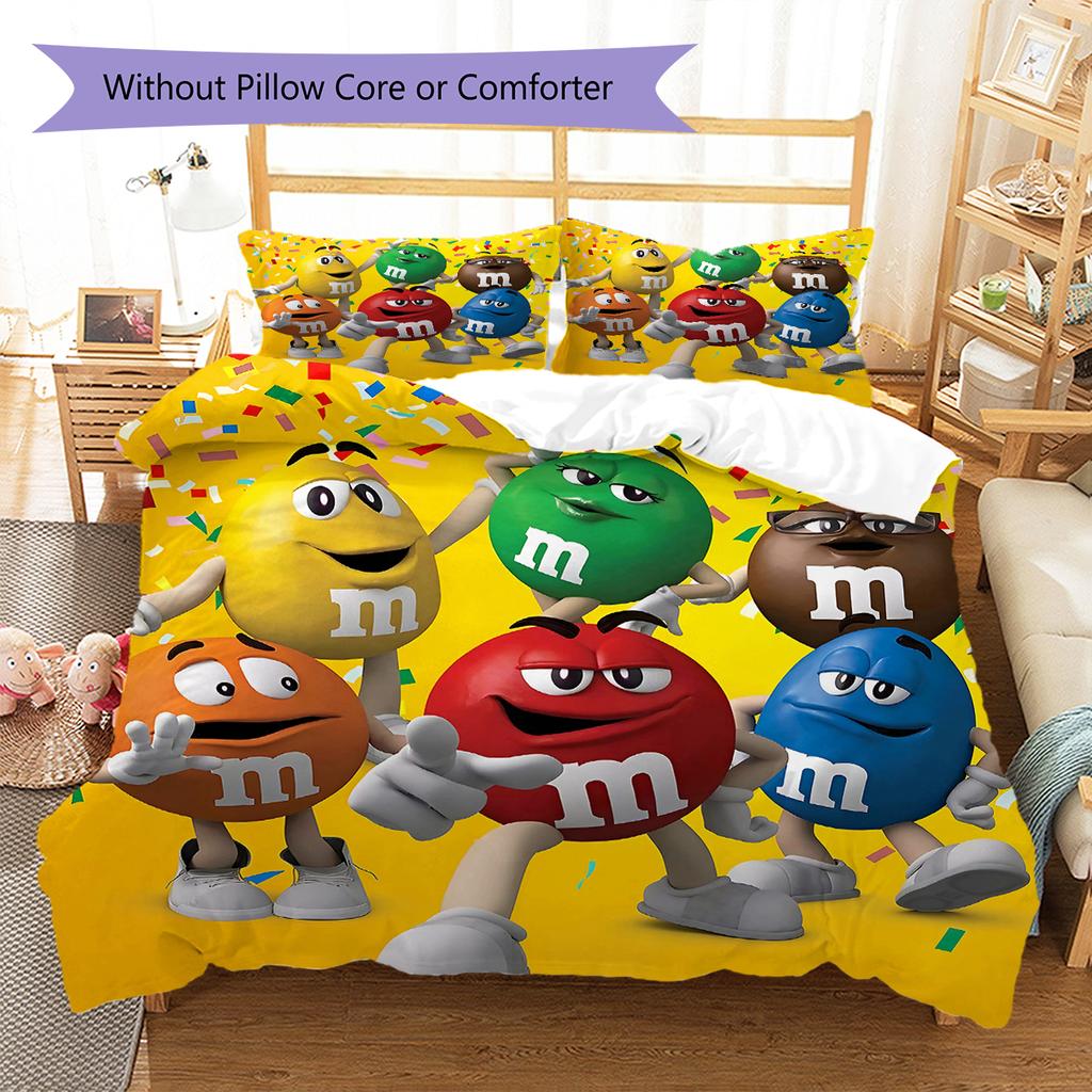 Постельное белье с узором M&M's, Комплект с одеялом, Пододеяльник, Наволочка, Домашний подарок на день рождения (1 пододеяльник + 2 наволочки, без наполнителя)