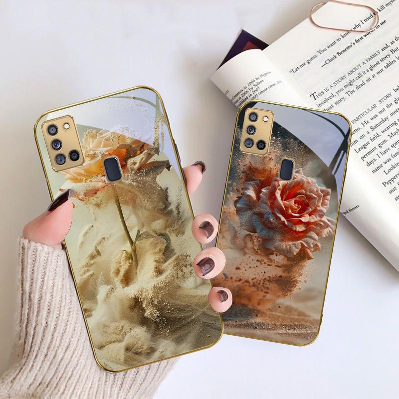 Vintage Desert Pink Rose For Samsung A 31 32 A33 A34 35 14 A15 13 16 25 26 50 52 53 54 55 56 70 71 72 73 Golden glass phone case