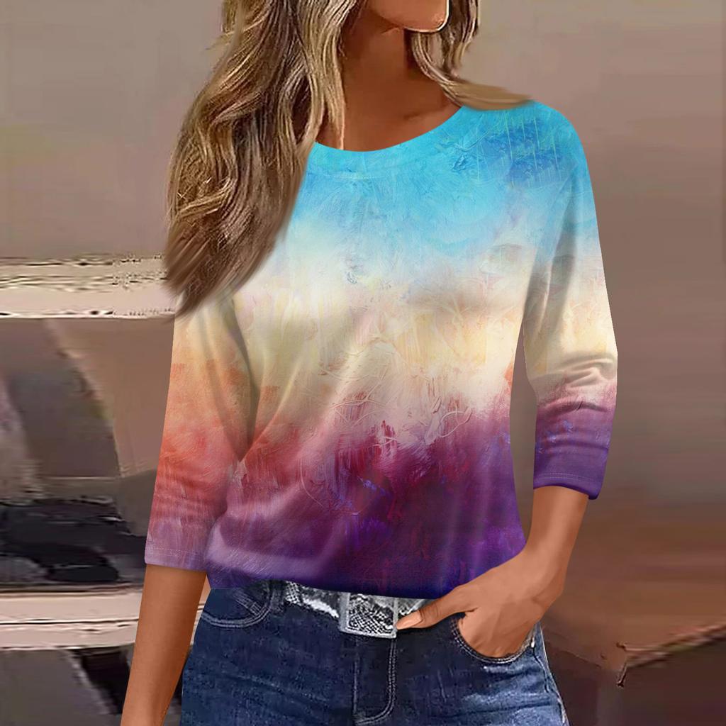 Женская Модная Повседневная Круглый Вырез 3/4 Рукава Свободная С Принтом Футболка Женский Топ