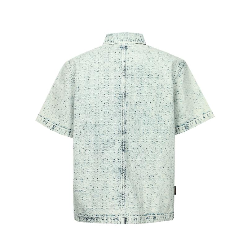 Evisu SS24 Джинсовая рубашка с коротким рукавом, свободного кроя, с цветочным жаккардом и вышивкой чаек, стирка водой Мужские рубашки Джинсово-синий 2ESHTM4DI8015BZDN