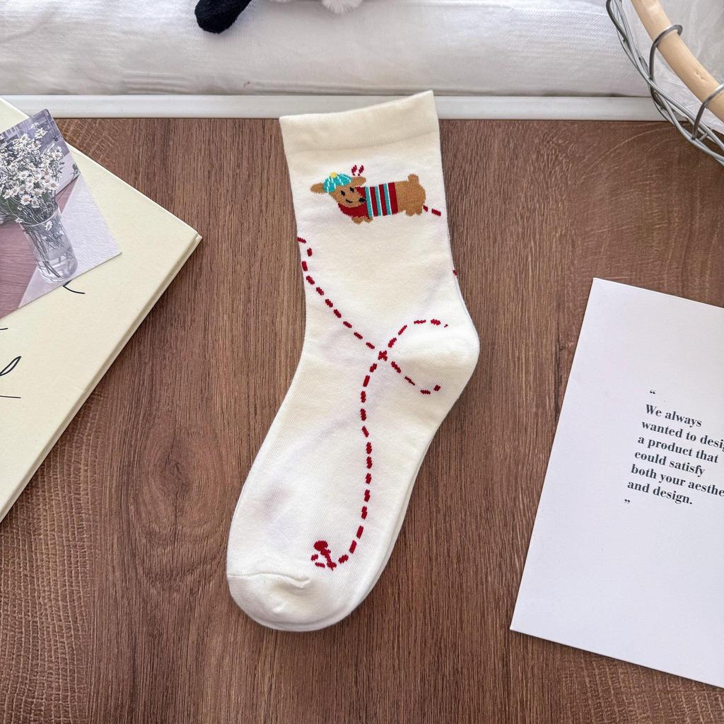 Женские милые носки до середины икры с щенками - Весенне-летние в стиле академии с дизайном японской мультяшной звезды - Корейские студенческие хлопковые носки