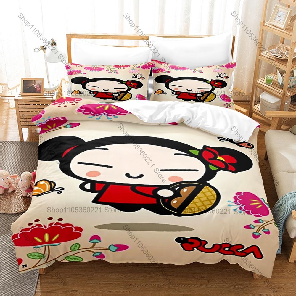 Милый пододеяльник с принтом персонажа Pucca + 2 наволочки, Уютный комплект постельного белья из микрофибры, Идеально подходит в качестве сюрприза для любителей аниме