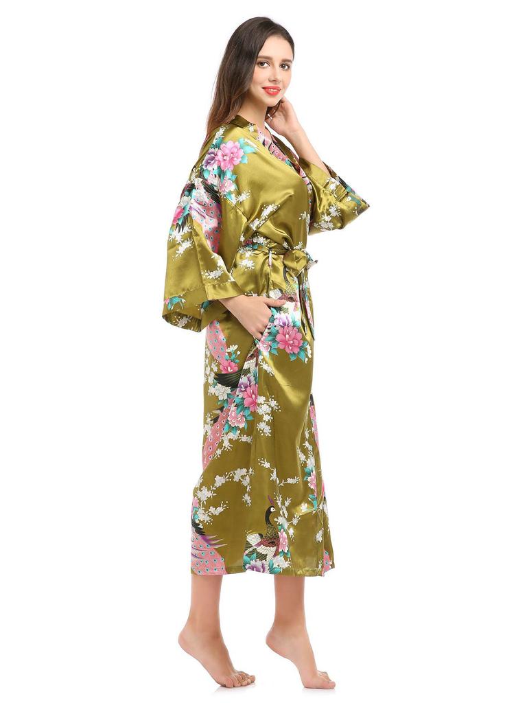 Длинный летний кардиган-пижама с принтом павлина и карманами