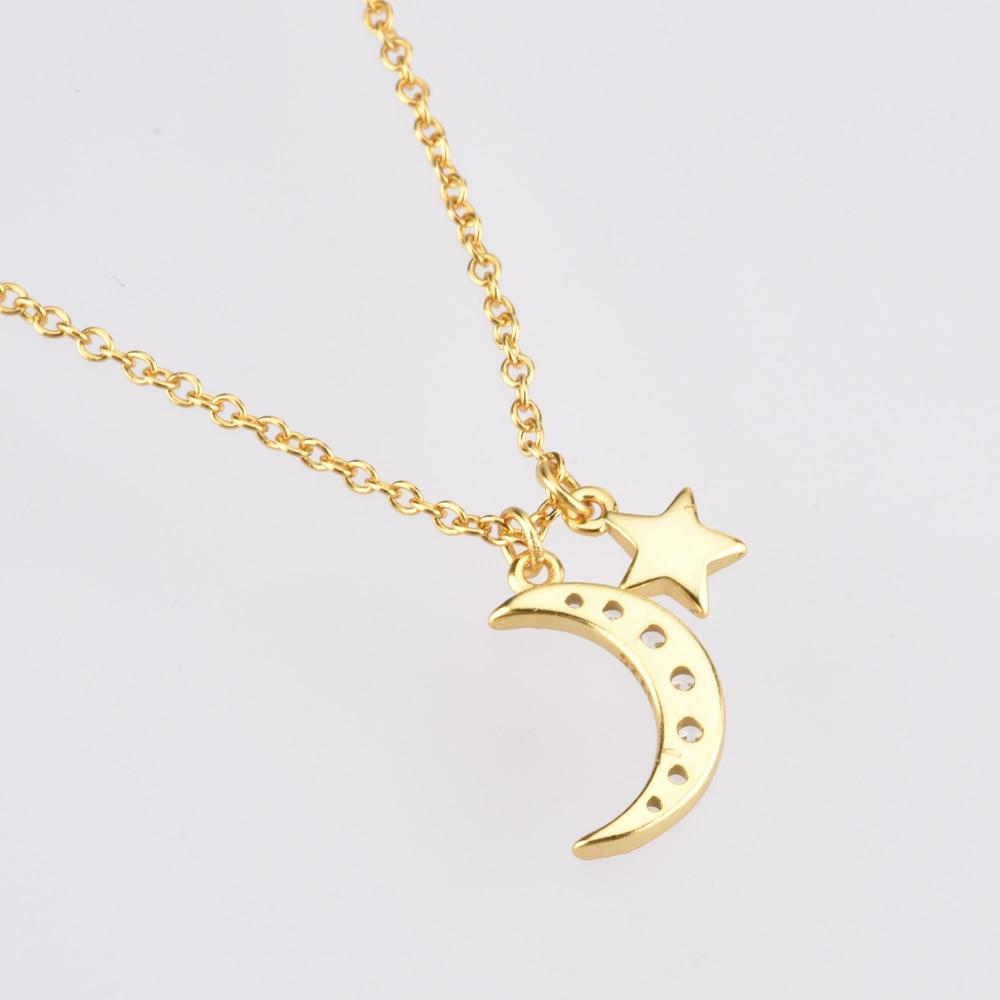 925 Sterling Silver Gold Zircon Cz Moon Star Pendant Charm Long Chain Necklace Women Wedding Jewelry Crystal Luxury