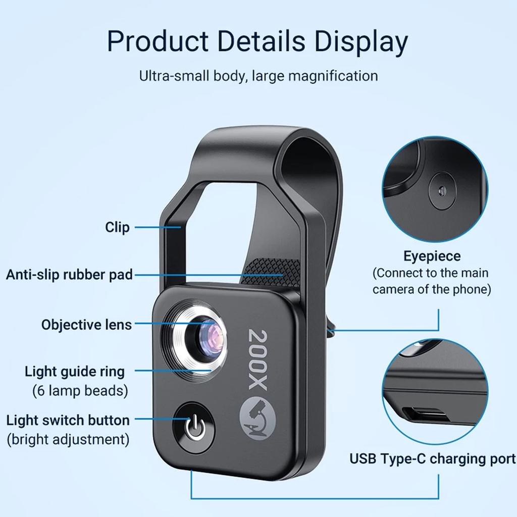 200X Zoom Phone Mini Pocket Microscope with CPL Lens LED Light Mobile Phone External Lens Portable Phone Microscope Camera