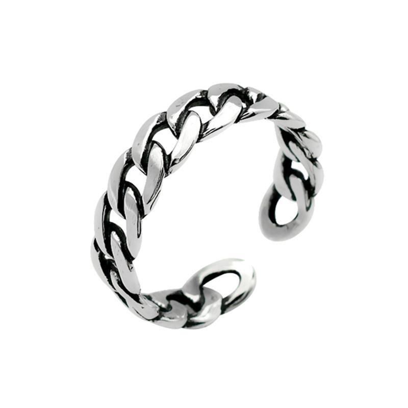 Thai Silver Retro Open Knuckle Ring: Trendy Flattened Chain Design for Index or Pinky Finger