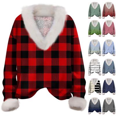 Женская мода повседневная футболка с длинным рукавом и V-образным вырезом с принтом