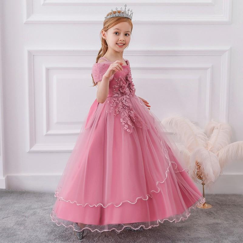 Girls Party Dress Kids Prom Gown Sling Off Shoulder Tulle Piano Performance Hostess Long