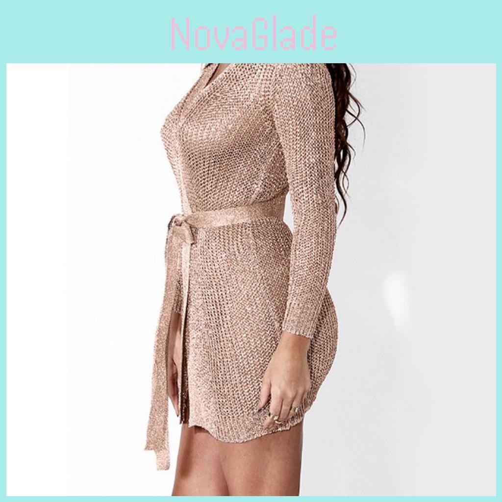 Women Hollow Out Sexy Long Belt Dress Jacket Featuring Knitted Sleeve Stylish Lingerie Dress