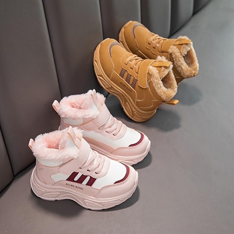 Kids Mid Top Casual Sneakers Faux Fur Trim Solid Color Fabric Upper Lining Insole PVC Sole Magic Tape Closure Boys Girls Aged Under