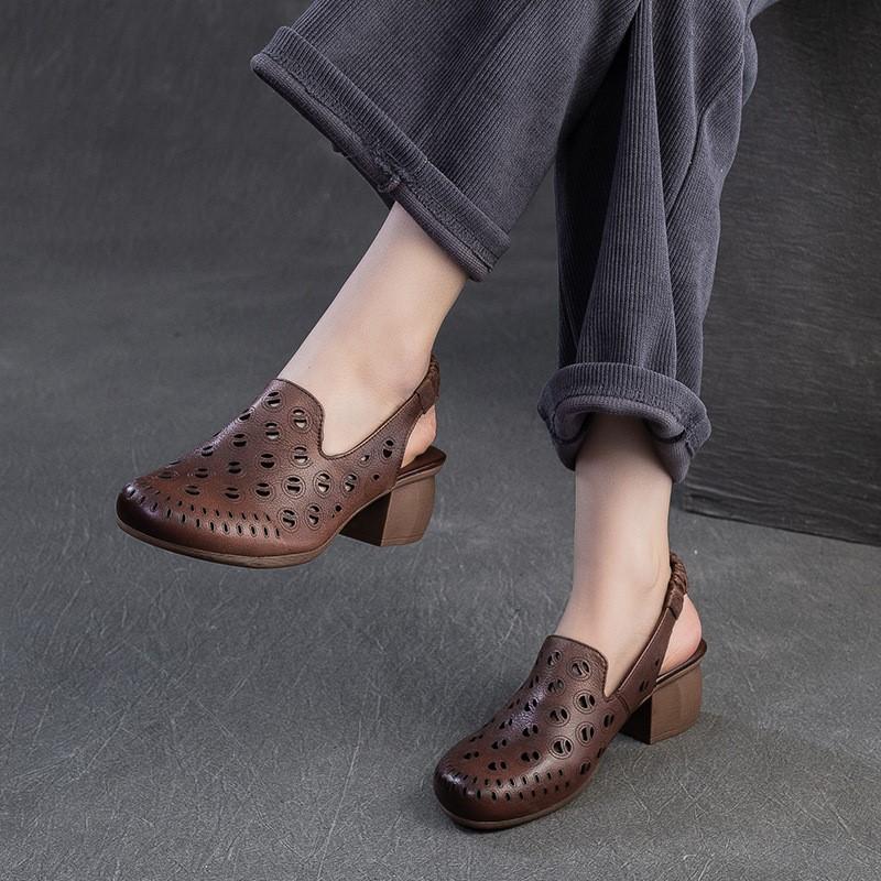 Johnature Round Toe Hollow-out Breathable Thick Heel Sandals Retro Versatile Commuting Women's Shoes