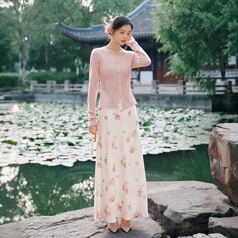 Xiangying New Chinese Style Pink Lace Knit Cardigan