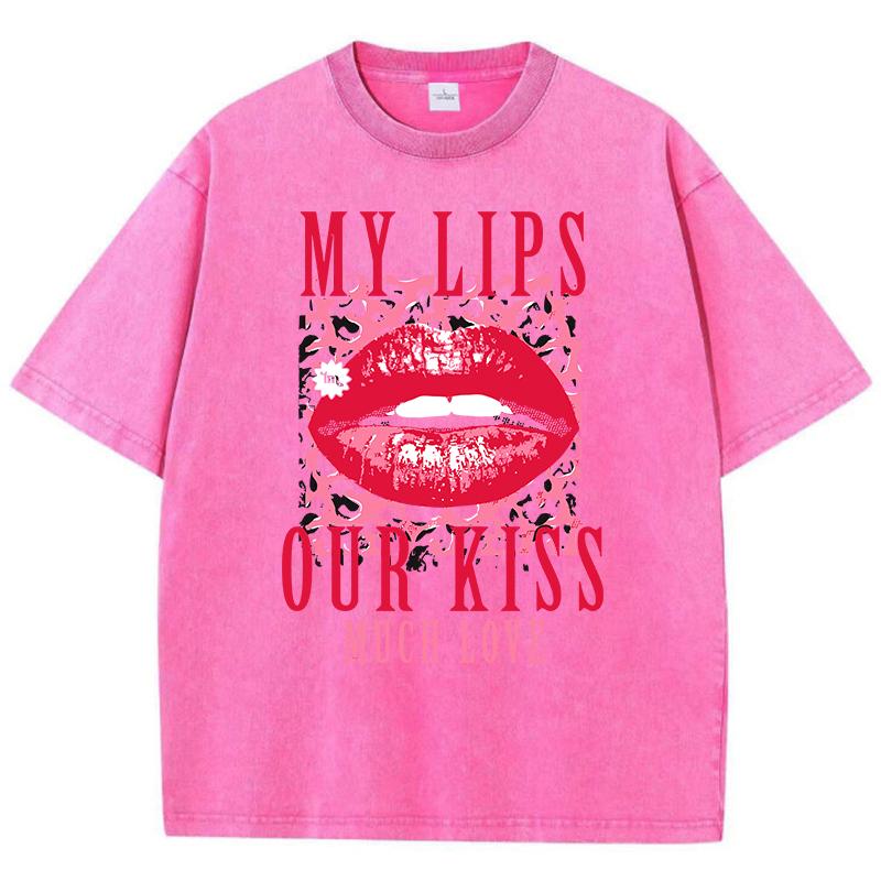 Женские футболки с кислотной стиркой Мои губы Наш поцелуй Принт с буквами Футболки Удобные топы оверсайз Уличная женская одежда