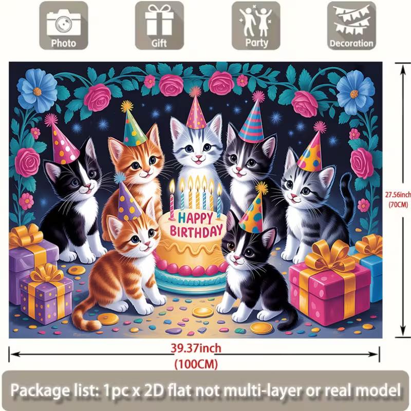 2D Cat Themed Happy Birthday Backdrop for Kids Birthday Party Decoration