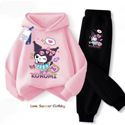Sanrio Весна Осень kuromi Детские Комплекты Одежды Мультяшный Принт Kuromi Толстовка для Девочек Костюм из 2 предметов Тонкий Детский Спортивный Костюм