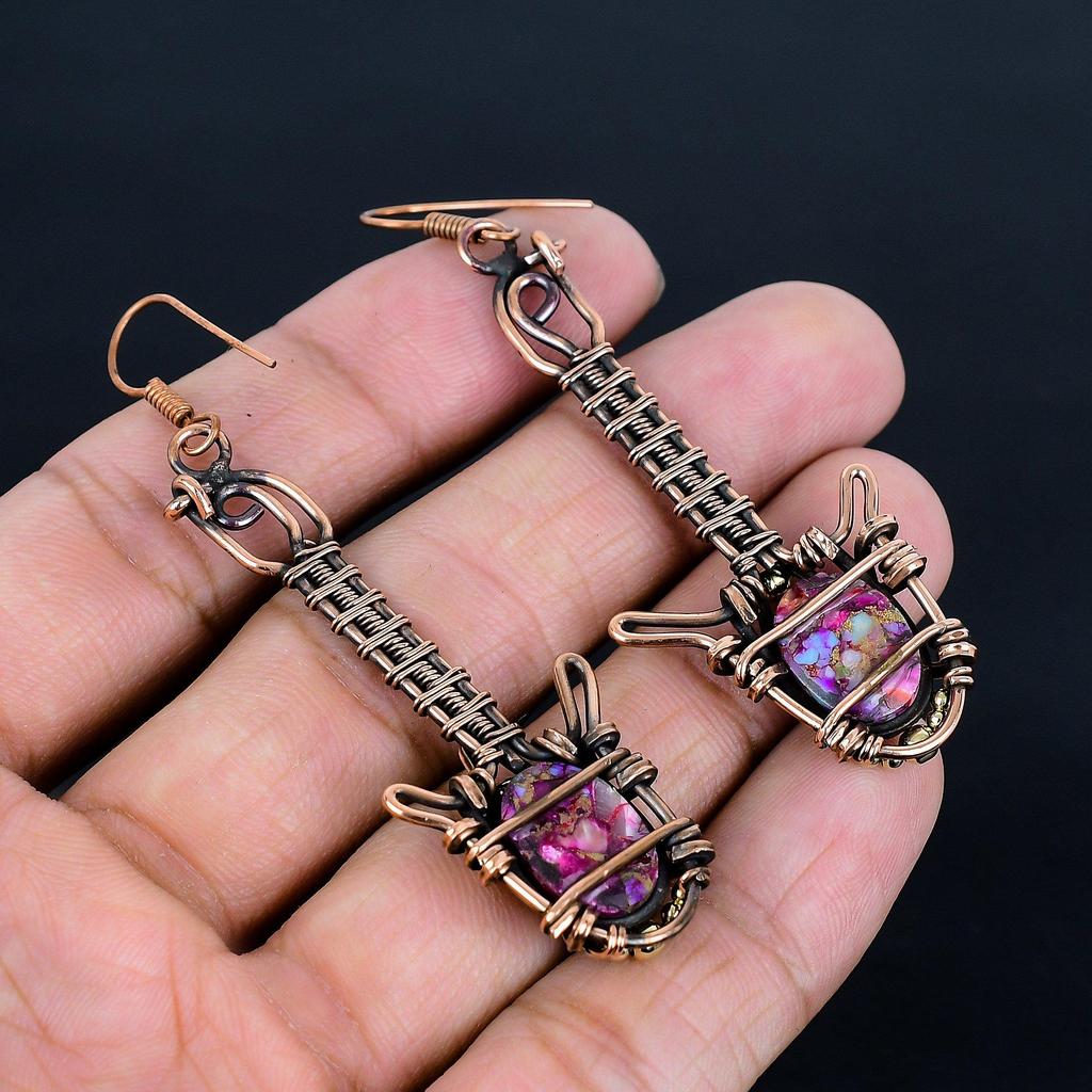 Pink Spiny Oyster 999 Copper Wire Wrapped Earrings, Handmade Gemstone Jewelry Earrings, For Memorial Day