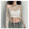 Y2K Women's Knit Tshirt Hollow Out Knitwear Cropped Sweater Spring Short Networks Jumper Vintage Korean Clothing