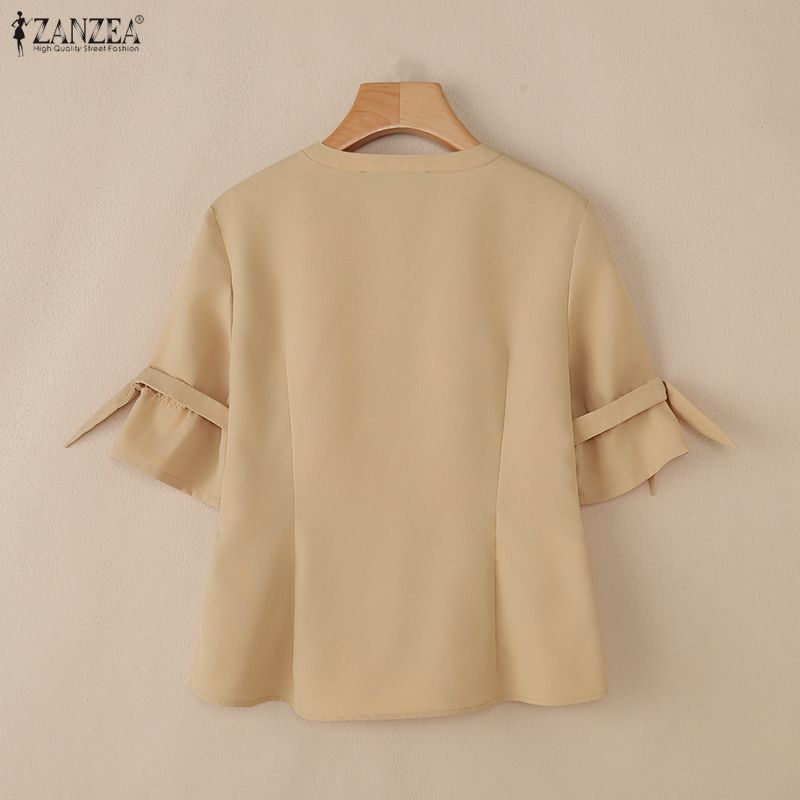 ZANZEA Женская повседневная однотонная блузка с круглым вырезом и рукавом 3/4