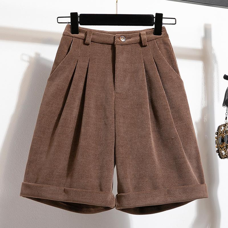 Женские брюки больших размеров, вельветовые брюки в полоску на осень и зиму, коричневые брюки с высокой талией, темпераментные прямые пятиминутные брюки