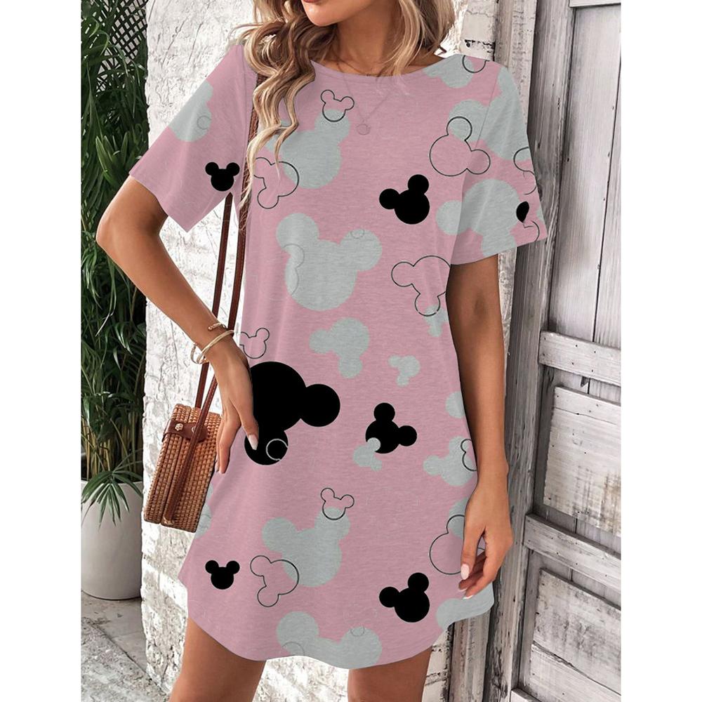 Женское летнее платье Disney Микки Маус Весна Круглый вырез Короткий рукав Свободная талия Платье с оборками