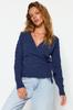 Women's Elegance Style Sweater Indigo Soft Textured Double Breasted Collar Knitwear Sweater