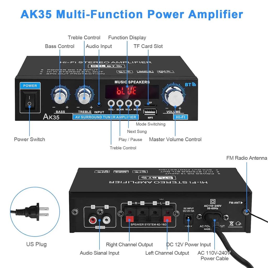 AK35 800 Вт домашние усилители мощности 2 канала Bluetooth 5,0 объемный звук FM USB пульт дистанционного управления мини HIFI цифровой усилитель стерео