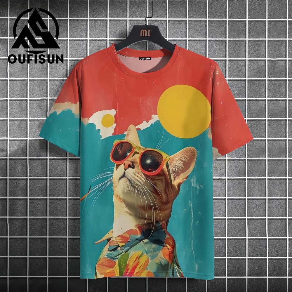 Funny T-shirt Cartoon Cat Pattern Men's T-shirt, 3D Printing Casual Pullover