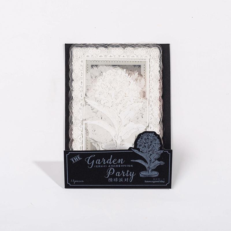 15pcs White Ink Lace Plant Flower Sticker Pack, Art Retro Style Hollow Lace Floral Journal Material, Student Diary Album DIY