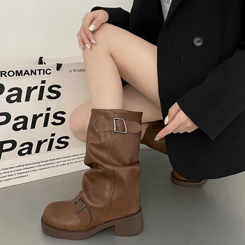 Женские туфли на среднем каблуке, ботинки «Челси» на толстой платформе, зимние дизайнерские новые мотоциклетные ботинки, туфли-лодочки в стиле панк до середины голени